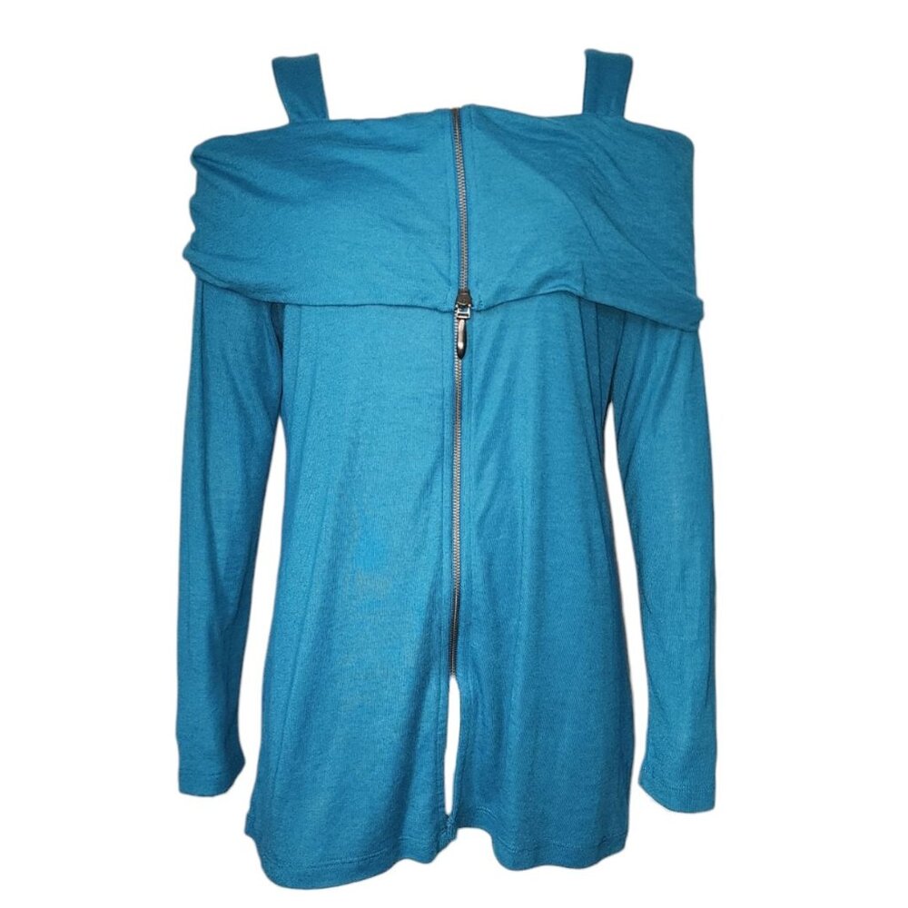 Soft Surroundings Top Womens Size M Medium Solid‎ All Blue Cold Shoulder Zipper